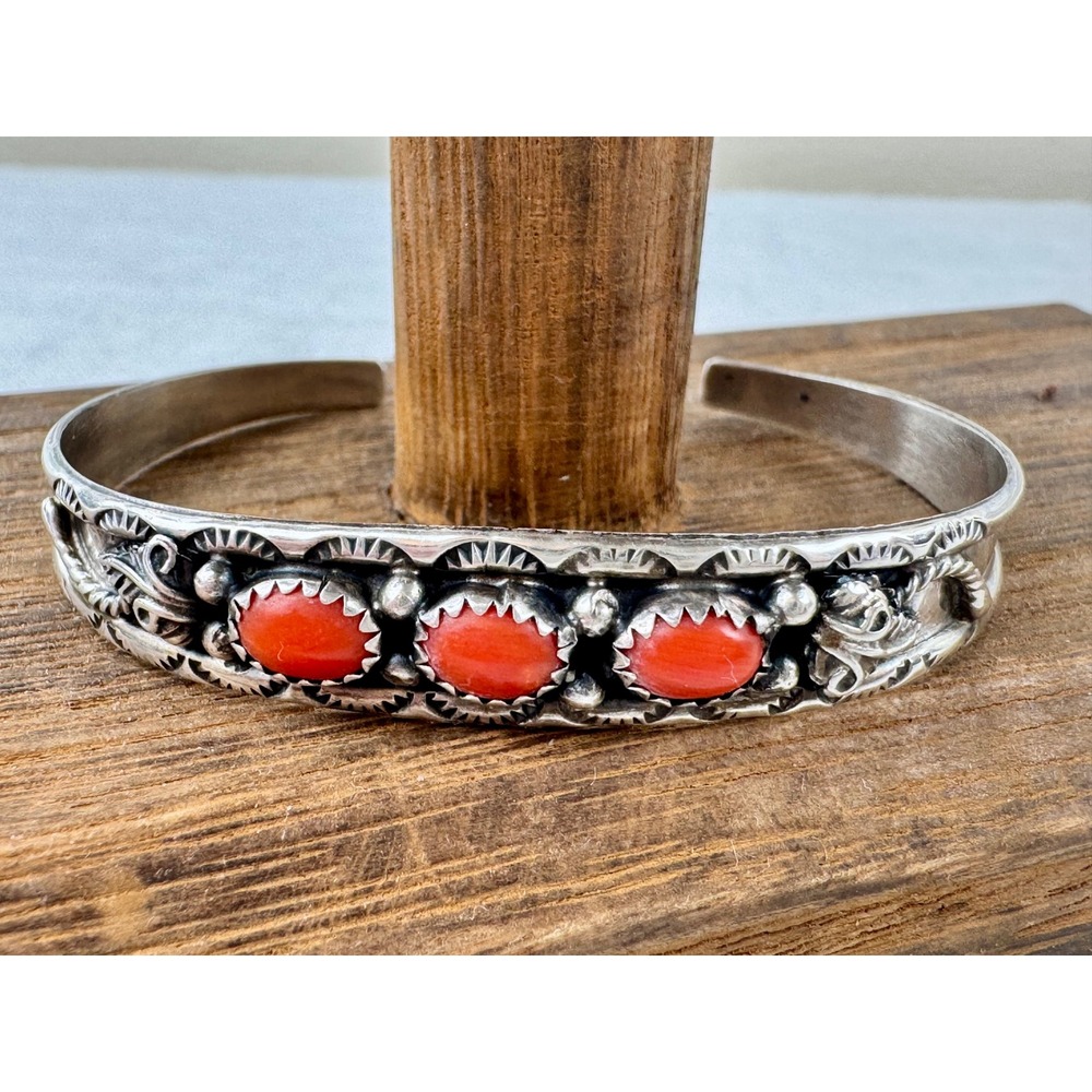 Southwestern Sterling Silver Red Coral Leaf Cuff Bracelet Stamped S Sterling - Picture 5 of 8